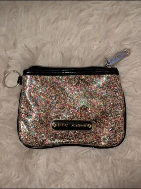 Betsey Johnson Multicolor Glitter Cosmetic Pouch with Black Trim